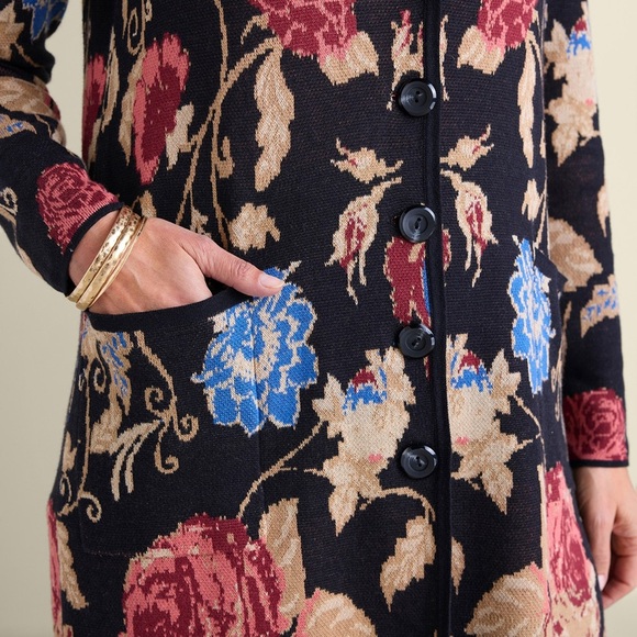Soft Surroundings Glasgow Sweater coat Women Size Large Black Floral Longline - Picture 3 of 13